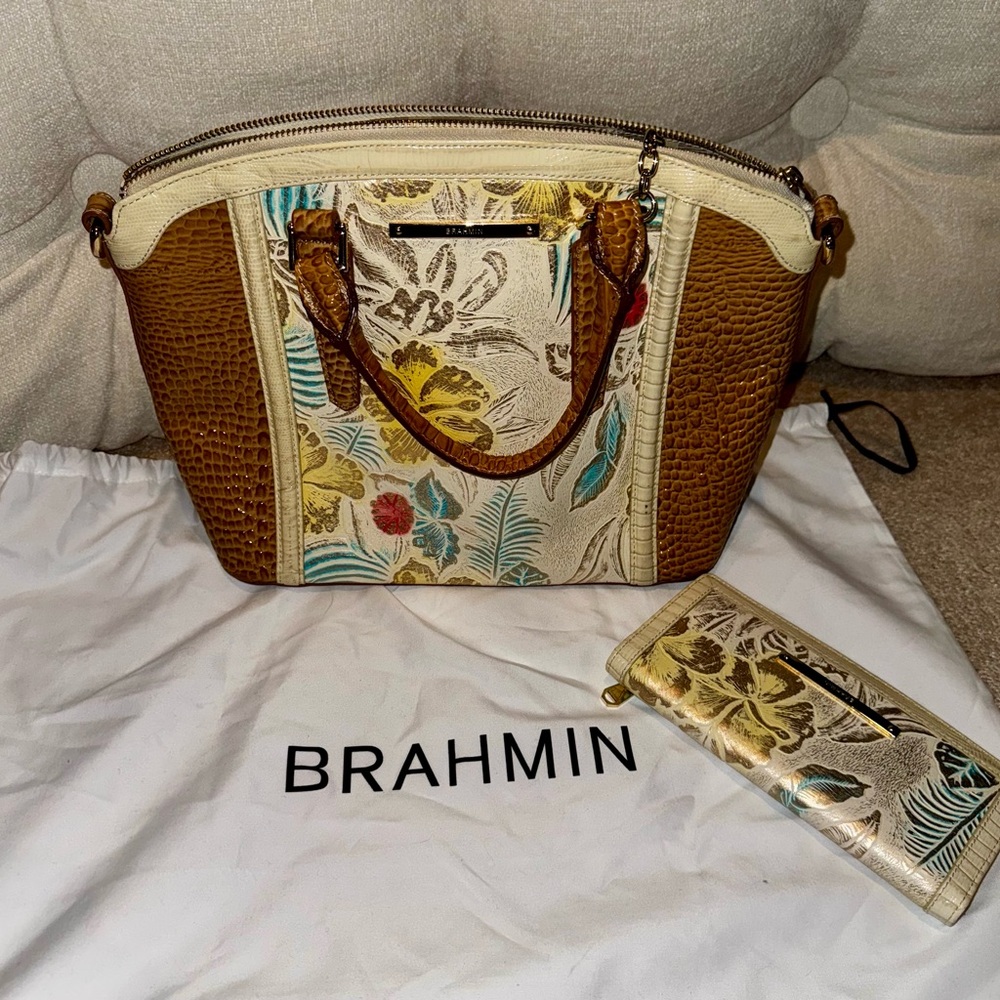Brahmin Brown and Cream Floral Satchel and Matching Wallet